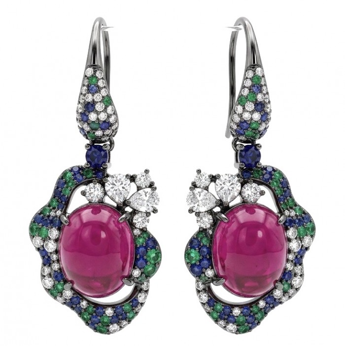 Exquisite 10.4 ctw Ruby 1.2 carat pave Emerald .925 Sterling Silver dipped in black rhodium handcrafted Statement earrings