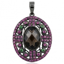 Authentic 9.5 carat carved Smoky Topaz black rhodium over .925 Sterling Silver handmade Statement Pendant