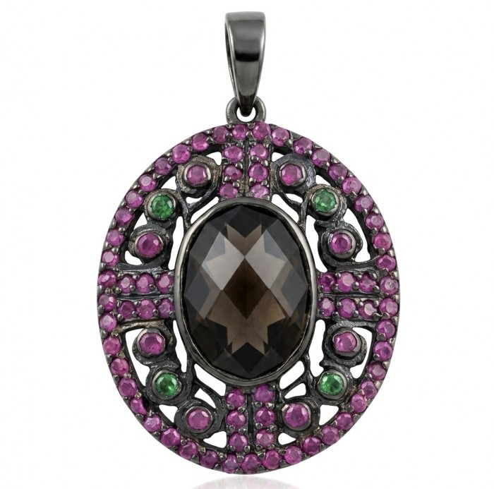Authentic 9.5 carat carved Smoky Topaz black rhodium over .925 Sterling Silver handmade Statement Pendant