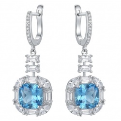Atlantica 14.7 carat princess cut Swiss Blue Topaz rhodium over .925 Sterling Silver Handcrafted Statement earrings