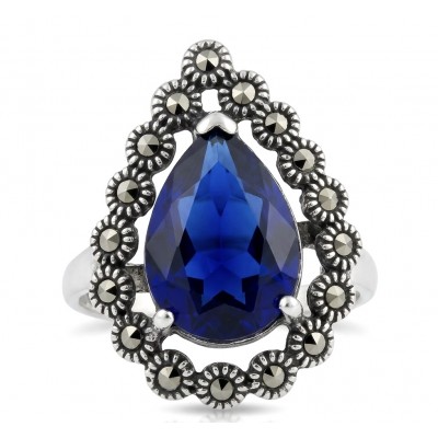 Julietta 12.8 carat London Blue Topaz Marcasite .925 Sterling Silver handmade Statement Ring size 7 1/4
