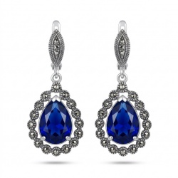 Julietta 15.5 carat London Blue Topaz Marcasite .925 Sterling Silver handmade Statement earrings