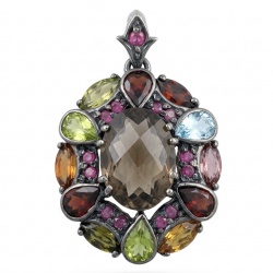 Vinatge Traesure Authentic 10.5 carat carved Smoky Topaz black rhodium over .925 Sterling Silver handmade Statement Pendant