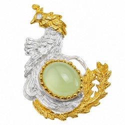 Green Rooster 11.2 carat Prehnite 2 tones .925 Sterling Silver handmade Brooch
