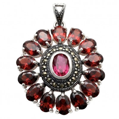 Giovanna 22.2 carat authentic Mozambique Ruby Marcasite .925 Sterling Silver handmade Pendant