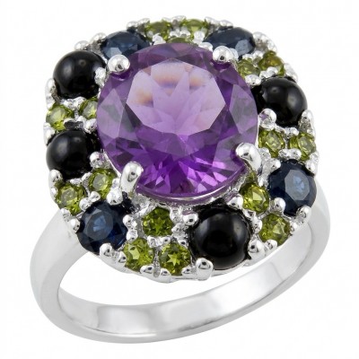 Francesca Genuine 7.7 carat Brazilian Amethyst rhodium over .925 Sterling Silver handcrafted Statement Ring size 8 1/4