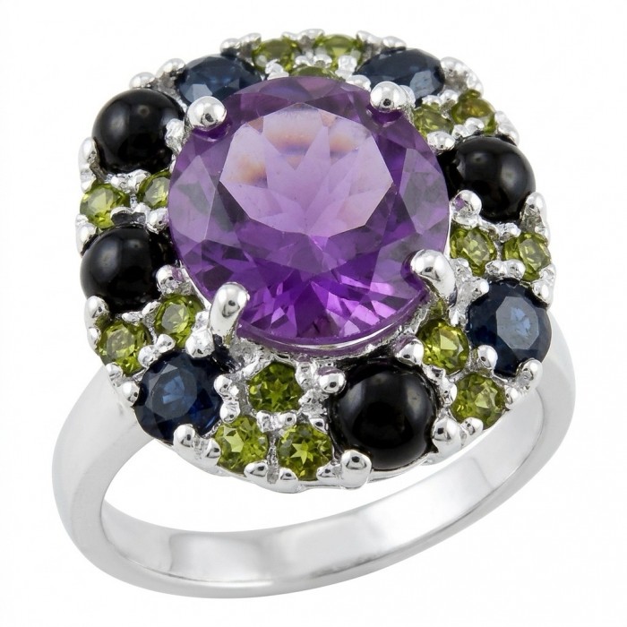 Francesca Genuine 7.7 carat Brazilian Amethyst rhodium over .925 Sterling Silver handcrafted Statement Ring size 8 1/4
