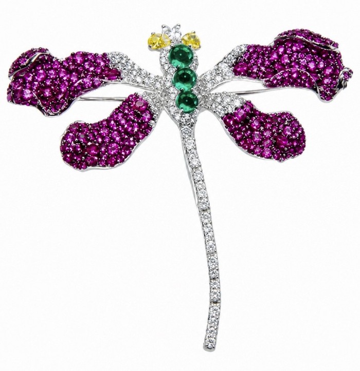 Precious Dragonfly 9.2 carat pave Mozambique Ruby rhodium over .925 Sterling Silver handcrafted Brooch
