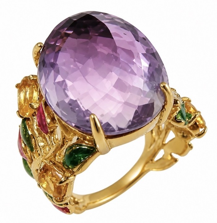 Peace 17.5 carat fancy Rose cut natural Amethyst 22K Gold over .925 Sterling Silver Handcrafted Ring size 6 1/4