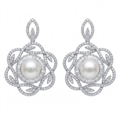 BLOOMING FLOWERS Genuine Pearl 0.2 CARAT lab grown Diamond rhodium over .925 Sterling Silver handcrafted Statement Earrings