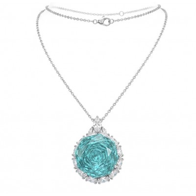 Rose of the Sea 18.8 carat fancy cut Paraiba Tourmaline Moissanite .925 Sterling Silver Handcrafted Statement necklace