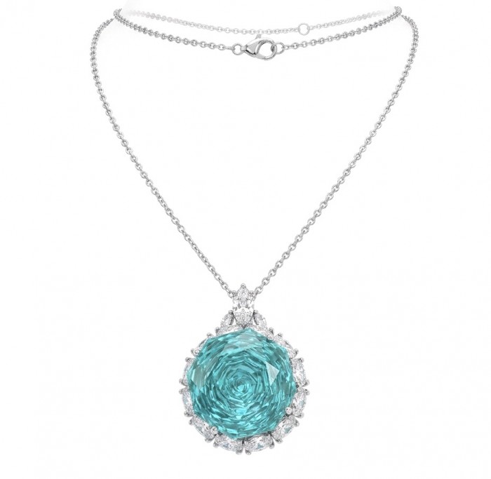 Rose of the Sea 18.8 carat fancy cut Paraiba Tourmaline Moissanite .925 Sterling Silver Handcrafted Statement necklace