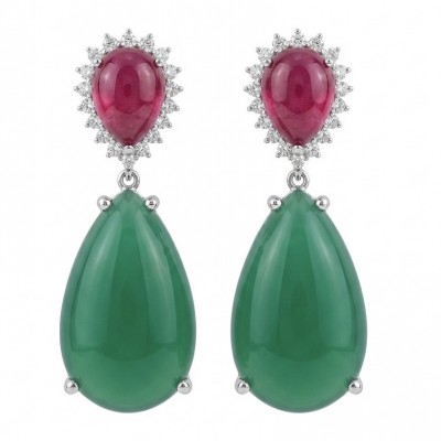 Valentina 28.2 carat Ruby Emerald Sapphire .925 Sterling Silver dipped in rhodium Statement handcrafted earrings