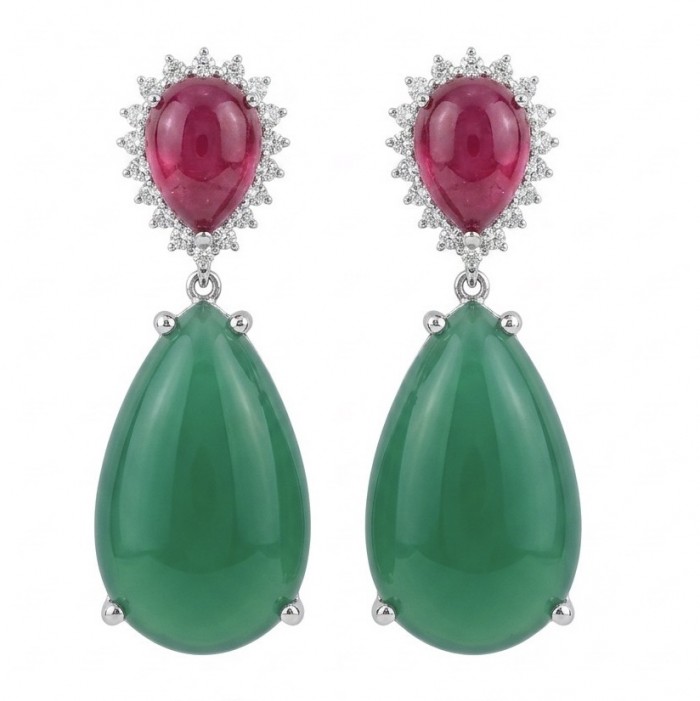 Valentina 28.2 carat Ruby Emerald Sapphire .925 Sterling Silver dipped in rhodium Statement handcrafted earrings