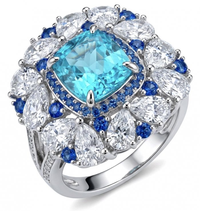 Mademoiselle - 24.5 carat natural Swiss Blue Topaz .925 Sterling Silver dipped in Rhodium handcrafted Large Statement Ring size 9 1/4 - video