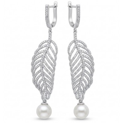BLOOMING BEAUTY Genuine Pearl 0.2 CARAT lab grown Diamond rhodium over .925 Sterling Silver handcrafted Statement Earrings