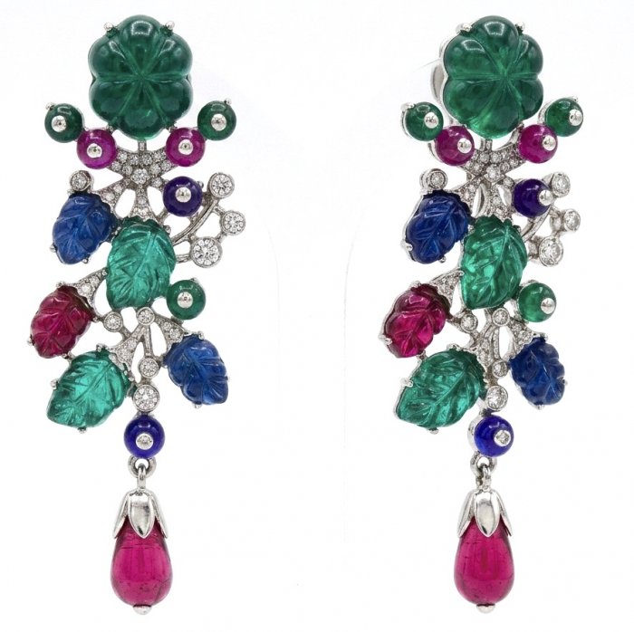 RARE BEAUTY! Valentina 28.2 carat CARVED Ruby Emerald Sapphire .925 Sterling Silver dipped in rhodium Statement handcrafted earrings - video