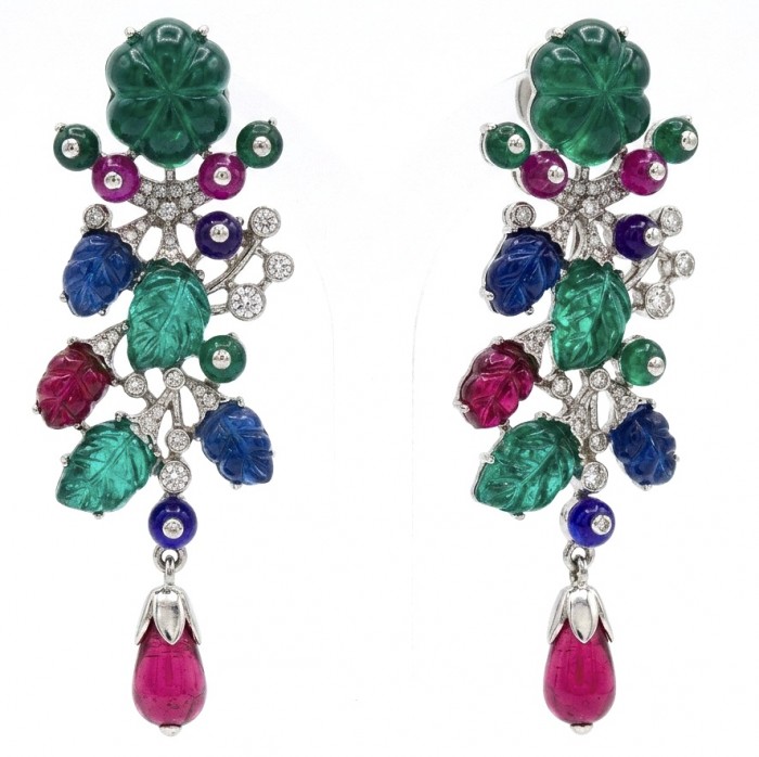 RARE BEAUTY! Valentina 28.2 carat CARVED Ruby Emerald Sapphire .925 Sterling Silver dipped in rhodium Statement handcrafted earrings