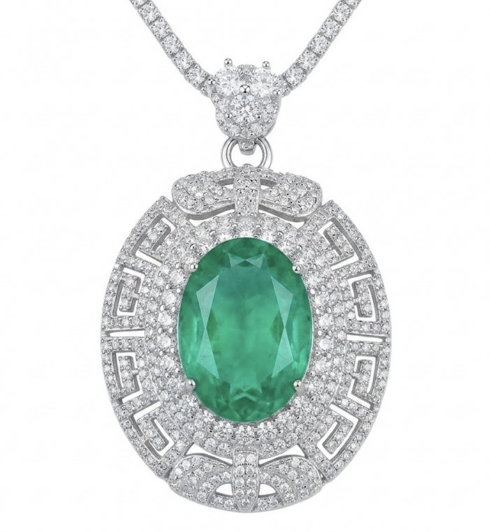 Colombian Briliance - oval cut 15.7 carat Emerald .925 Sterling Silver handcrafted necklace - video
