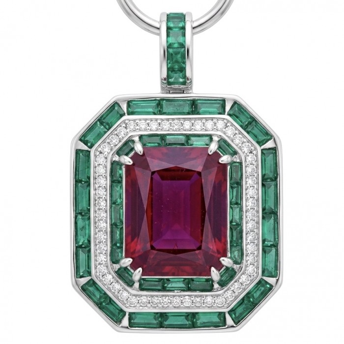 Art Deco 19.4 ctw Ruby Emerald .925 Sterling Silver handcrafted Large Statement necklace