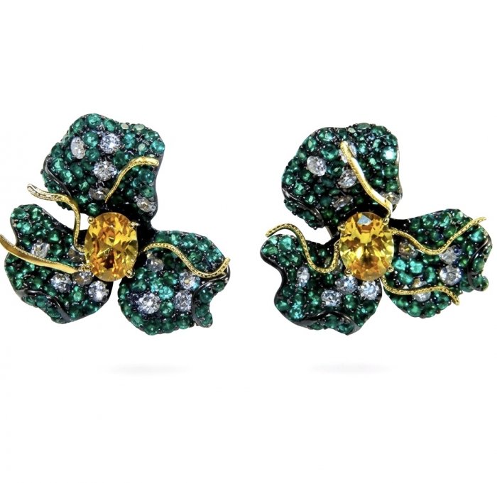 Exotica - rare art - authentic 4.9 carat Brazilian Citrine 9.2 carat Colombian Emerald 2 tones .925 Sterling Silver dipped in black rhodium handcrafted earrings - video