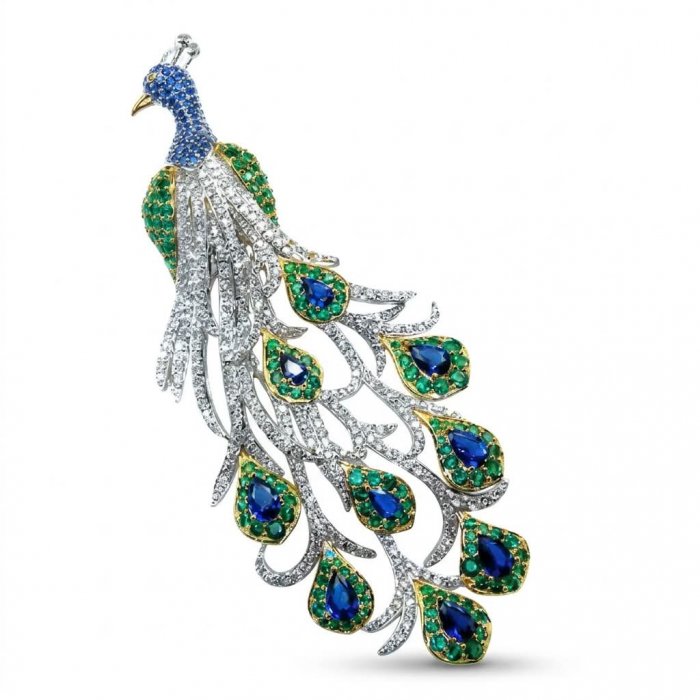 Most Incredible! - Natural 12.8 carat Sapphire Emerald Blue Peacock 2 tones 18K Gold over .925 Sterling Silver Large Brooch Pendant - video