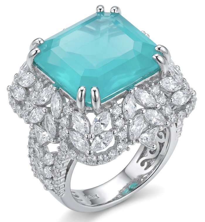Elizabeth princess cut 14.8 carat Colombian Emerald 15.3 carat Moissanite .925 Sterling Silver dipped in Rhodium handcrafted Ring size 7 - video