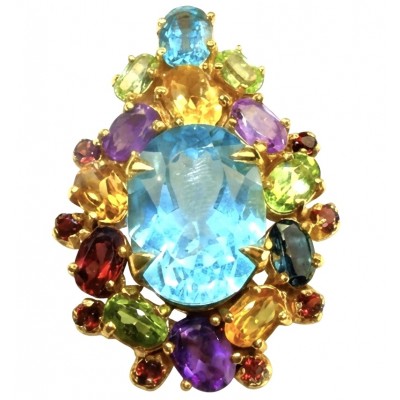 Majestic - Vintage style oval cut 15.8 carat Swiss Blue Topaz .925 Sterling Silver DIPPED IN 22 carat Gold handmade Pendant Brooch