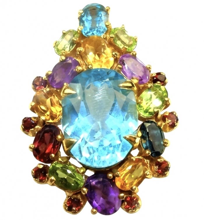 Majestic - Vintage style oval cut 15.8 carat Swiss Blue Topaz .925 Sterling Silver DIPPED IN 22 carat Gold handmade Pendant Brooch - video