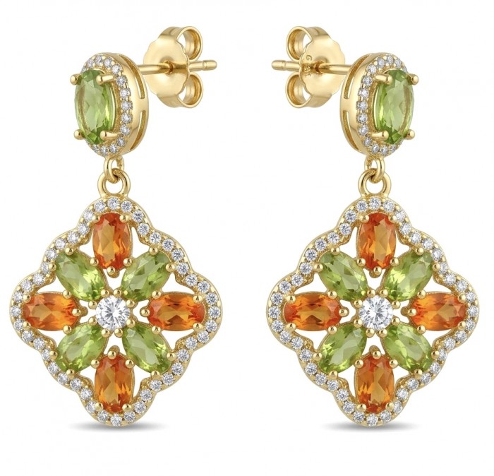Giovanna - Genuine 4.6 carat orange Sapphire 22K Gold over .925 Sterling Silver handcrafted Statement Earrings