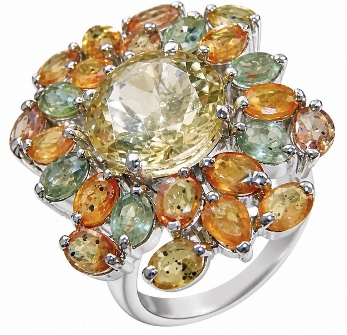 Mademoiselle - 25.7 carat Brazilian Citrine orange Sapphire rhodium over .925 Sterling Silver handcrafted Ring size 7