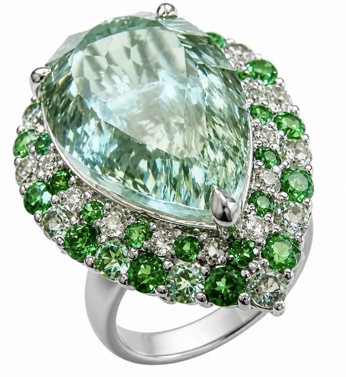 Large Natural 21.5 carat carved Green Amethyst rhodium over .925 Sterling Silver handcrafted ring size 8