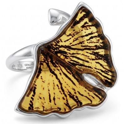 Calla lily Authentic Golden carved Baltic Amber .925 Sterling Silver entirely handcrafted LARGE ring; s. 7 adjustable