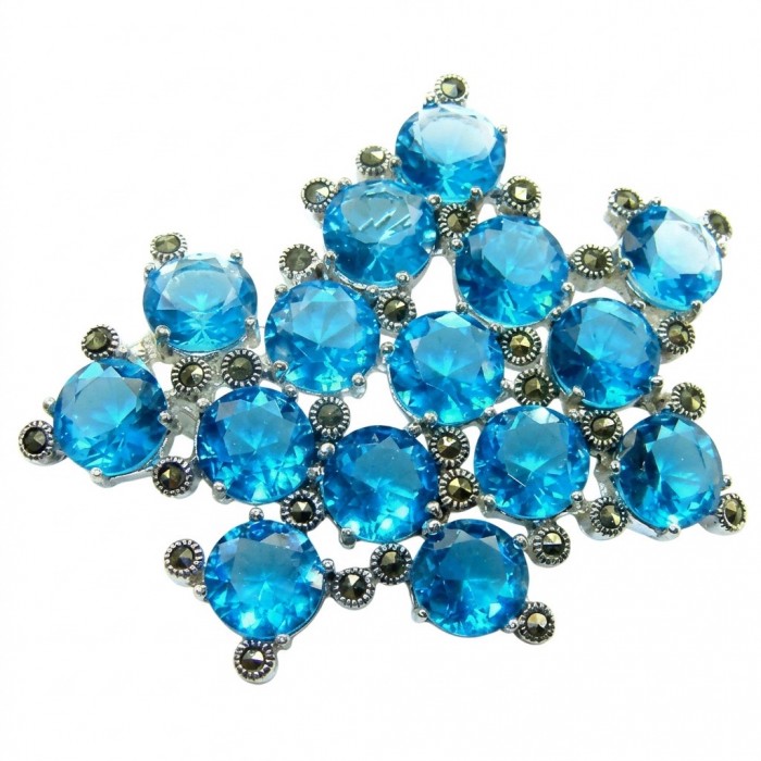 Blue Sky Authentic 45.5 carat Swiss Blue Topaz .925 Sterling Silver DIPPED IN RHODIUM handmade LARGE Pendant - Brooch