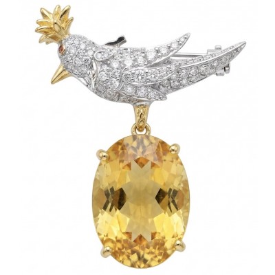 Bird on a Rock - Iconic design- Genuine 28.5 carat yellow Sapphire 18K Gold over .925 Sterling Silver handmade Pendant - Brooch