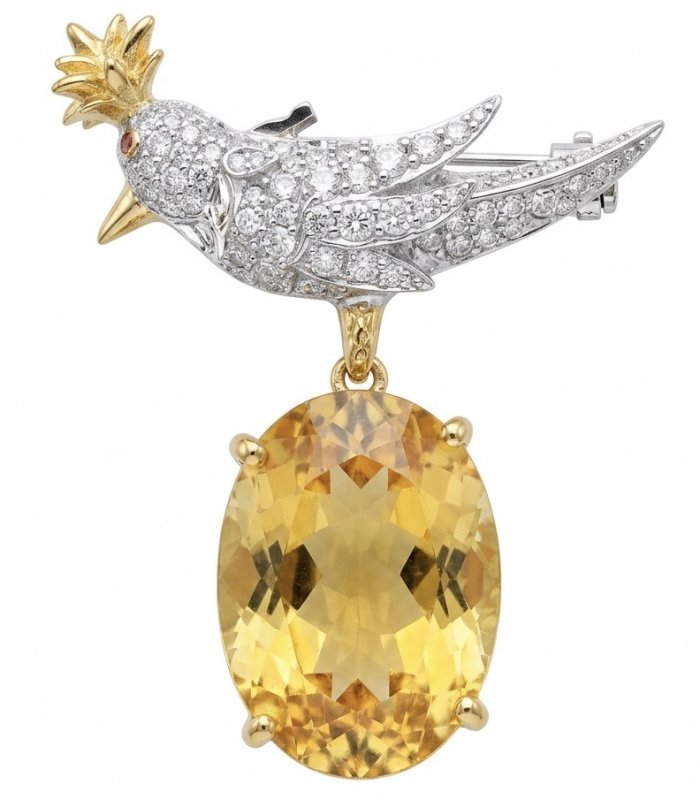 Bird on a Rock - Iconic design- Genuine 28.5 carat yellow Sapphire 18K Gold over .925 Sterling Silver handmade Pendant - Brooch - video