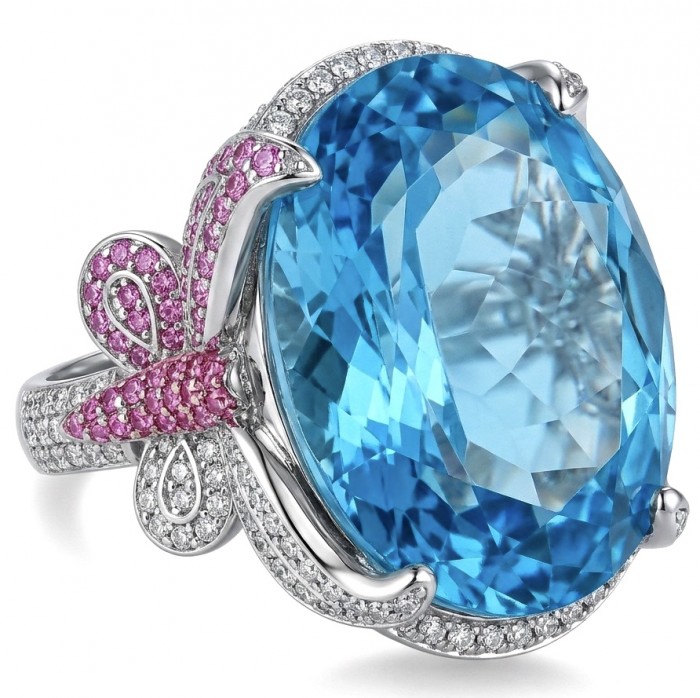Pacifica - Authentic 30.8 carat Swiss Blue Topaz Rhodium over .925 Sterling Silver handcrafted Large Statement ring size 6