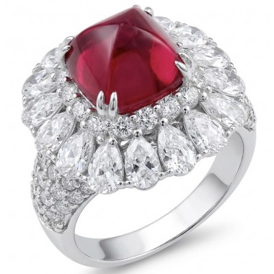 Elizabeth fancy cut 4.8 carat Mozambique Ruby 8.3 carat Moissanite .925 Sterling Silver dipped in Rhodium handcrafted Ring size 8 1/4