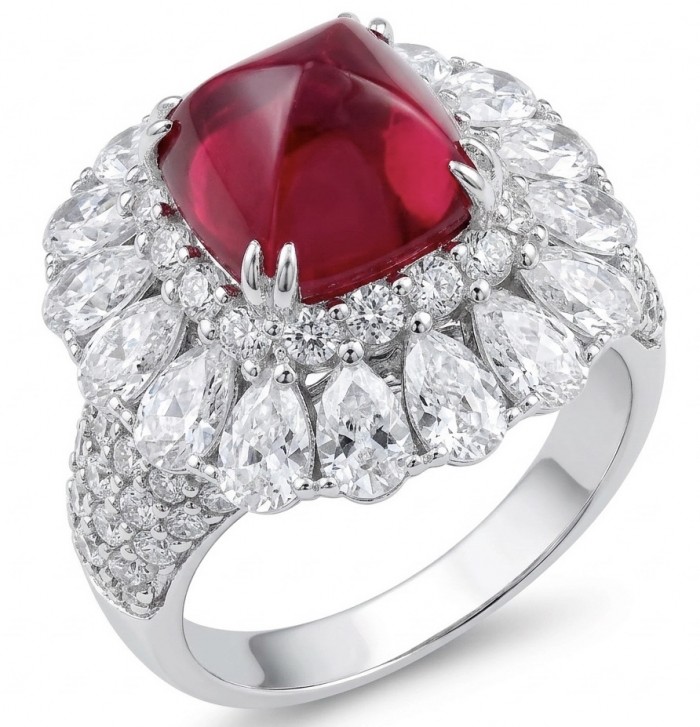Elizabeth fancy cut 4.8 carat Mozambique Ruby 8.3 carat Moissanite .925 Sterling Silver dipped in Rhodium handcrafted Ring size 8 1/4