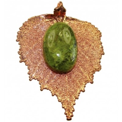 REAL Leaf dipped in copper 30.2 green Tourmaline stone & .925 Sterling Silver Pendant