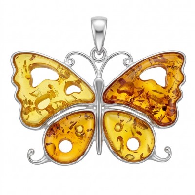 Golden Butterfly Authentic carved Baltic Amber .925 Sterling Silver handcrafted pendant