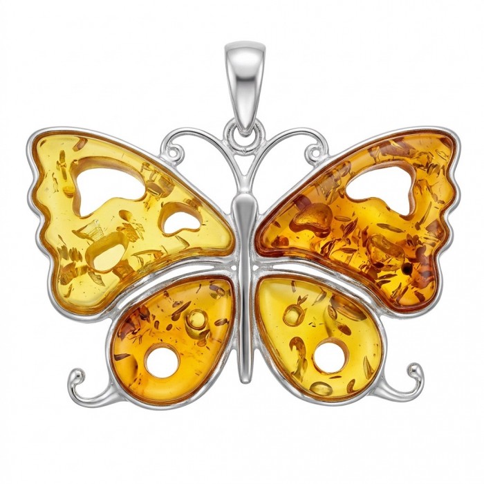 Golden Butterfly Authentic carved Baltic Amber .925 Sterling Silver handcrafted pendant
