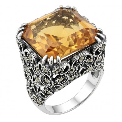 Serenity Natural 29.4 carat GOLDEN Topaz Marcasite .925 Sterling Silver handmade Large Statement Ring size 8