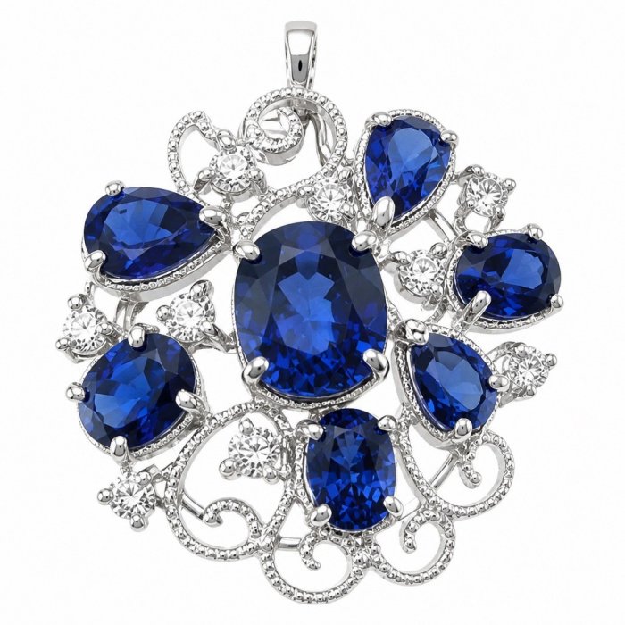 Julietta 24.5 carat Sapphire .925 Sterling Silver dipped in rhodium handmade Pendant Brooch - video