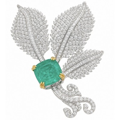 Wearable Art - Black Label Collection - Retro Style - Genuine assher cut 6.5 carat Colombian Emerald 2 tones .925 Sterling Silver handmade Brooch