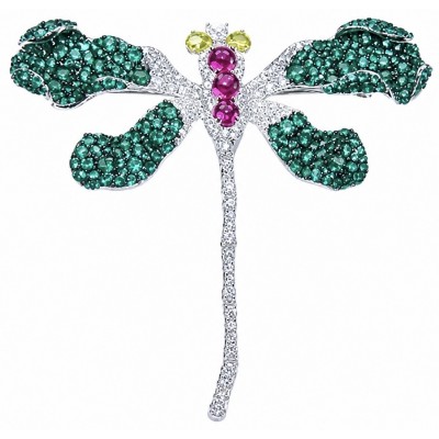 Precious Dragonfly 9.2 carat pave Colombian Emerald rhodium over .925 Sterling Silver handcrafted Brooch Pendant