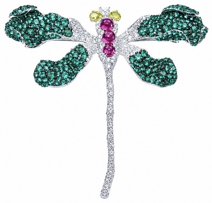 Precious Dragonfly 9.2 carat pave Colombian Emerald rhodium over .925 Sterling Silver handcrafted Brooch Pendant - video