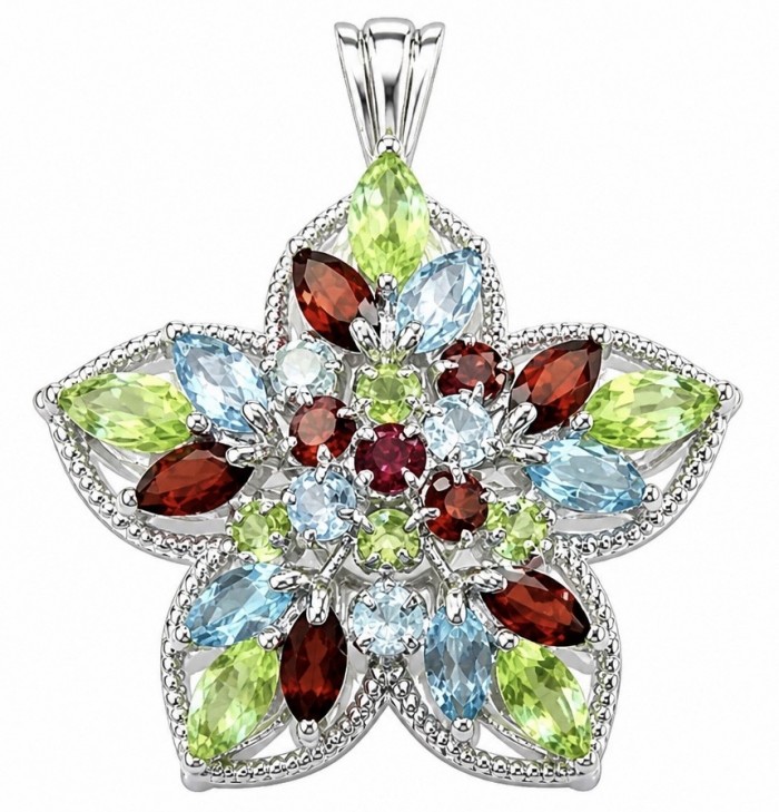 Colors of the Earth Precious 24.5 carat Multigem .925 Sterling Silver dipped in rhodium Pendant