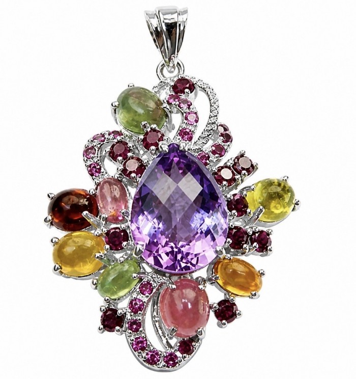 Divine Protection 25.8 carat Precious Multigem .925 Sterling Silver dipped in rhodium Pendant