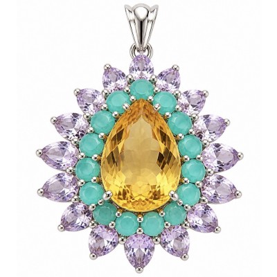Grace 28.8 carat Citrine Colombian Emerald .925 Sterling Silver handcrafted Statement pendant